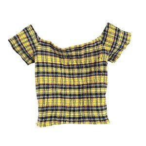 Hot Topic Top 2X Yellow & Black Plaid Off-Shoulder Smocked 2000s READ